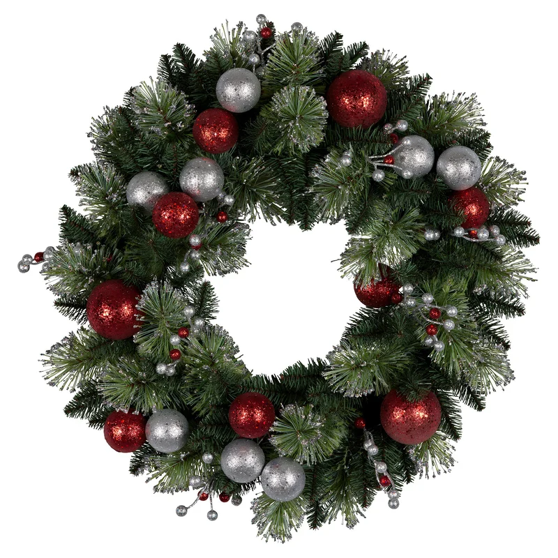 Christabelle 61cm Christmas Wreath with LED Lights Baubles Berries Red Silver Front Door Decoration