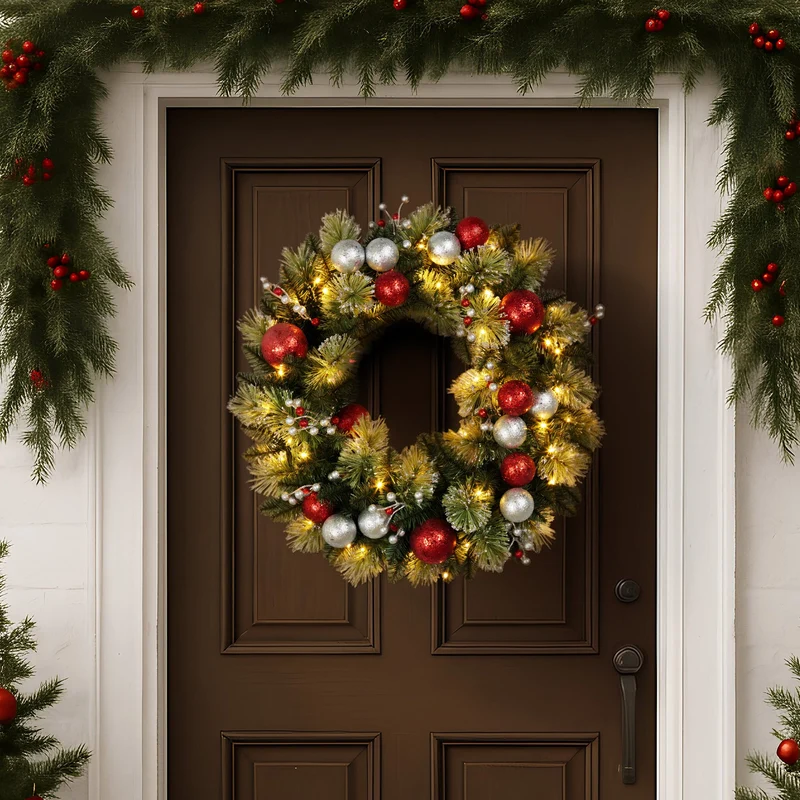 Christabelle 61cm Christmas Wreath with LED Lights Baubles Berries Red Silver Front Door Decoration