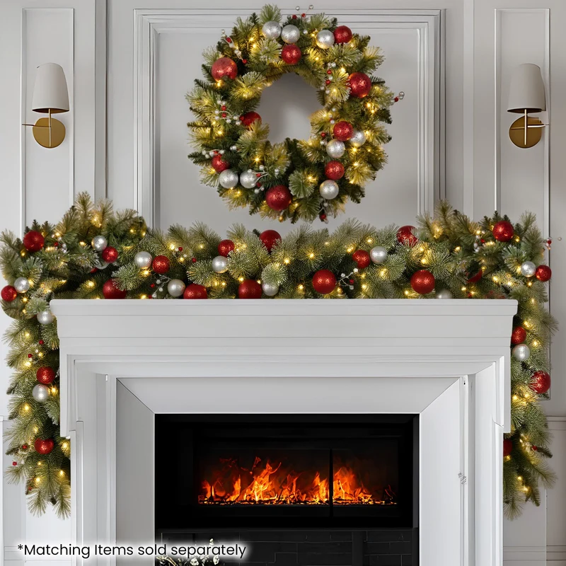 Christabelle 61cm Christmas Wreath with LED Lights Baubles Berries Red Silver Front Door Decoration