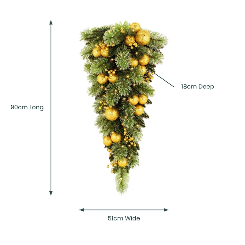 Christabelle 90cm Gold Christmas Teardrop Wreath Pre Lit Warm White LED Timer Baubles Berries Front Door Xmas Decoration
