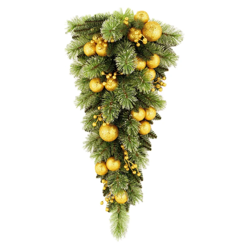Christabelle 90cm Gold Christmas Teardrop Wreath Pre Lit Warm White LED Timer Baubles Berries Front Door Xmas Decoration