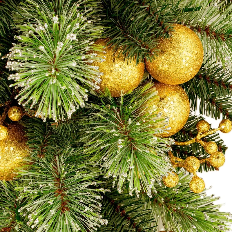 Christabelle 90cm Gold Christmas Teardrop Wreath Pre Lit Warm White LED Timer Baubles Berries Front Door Xmas Decoration
