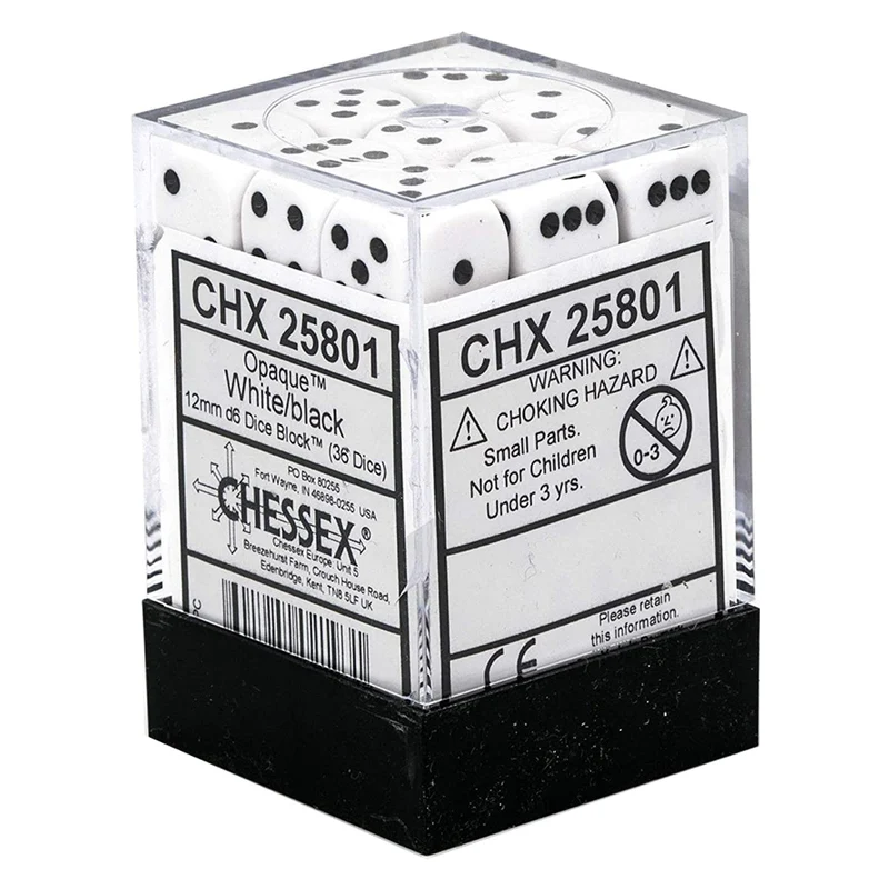 Chessex D6 Dice Opaque 12mm White/Black 36pcs