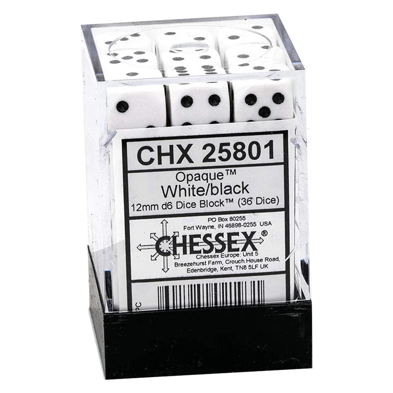 Chessex D6 Dice Opaque 12mm White/Black 36pcs