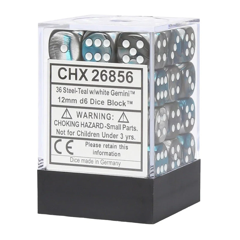 Chessex CHX 26856 Gemini 12mm D6 Steel Teal/White Block (36 Dice)