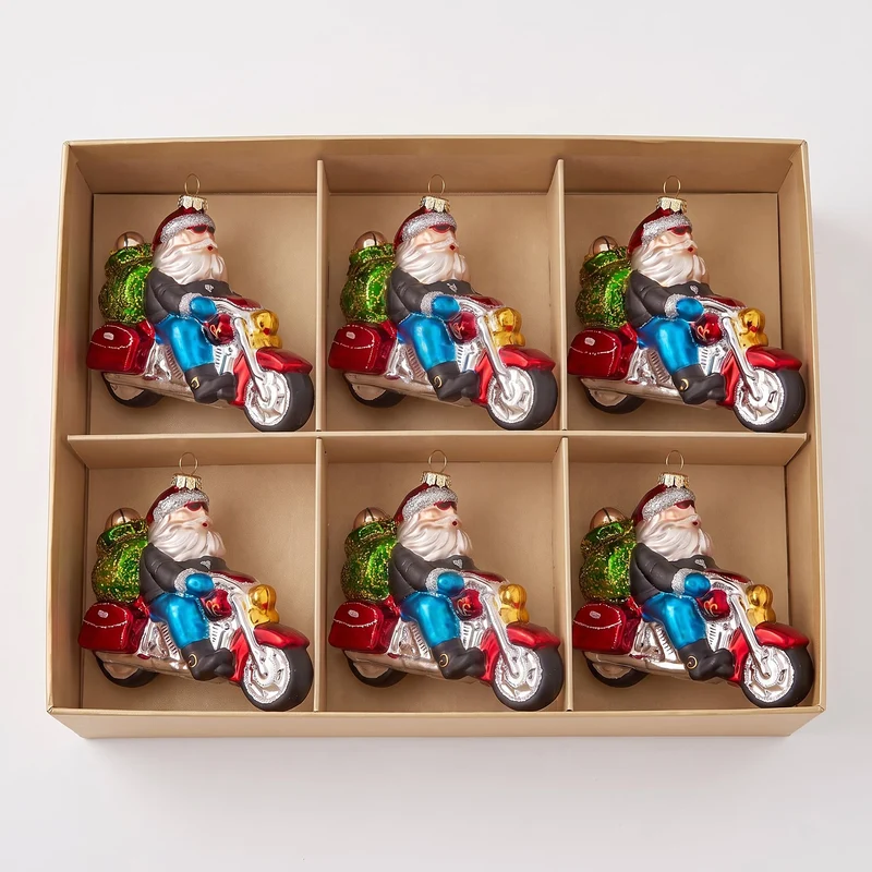 Christabelle 6 Glass Christmas Baubles Motorcycling Santa Novelty 11cm Xmas Tree Decorations Hanging Ornaments