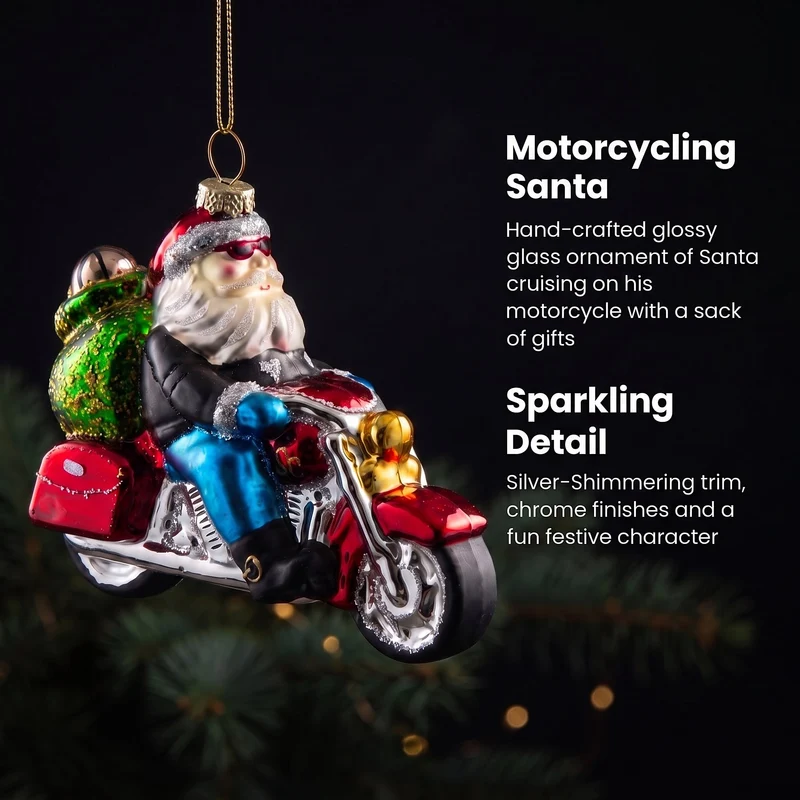 Christabelle 6 Glass Christmas Baubles Motorcycling Santa Novelty 11cm Xmas Tree Decorations Hanging Ornaments