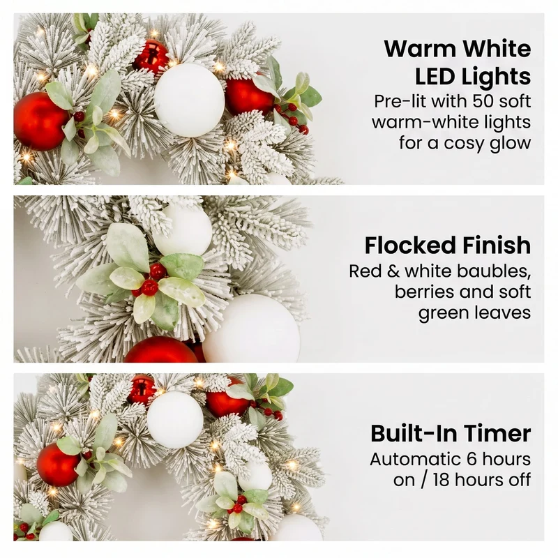 Christabelle 61cm Snowy Elegance Christmas Wreath Pre Lit Warm White LED Red Baubles Berries Front Door Xmas Decoration