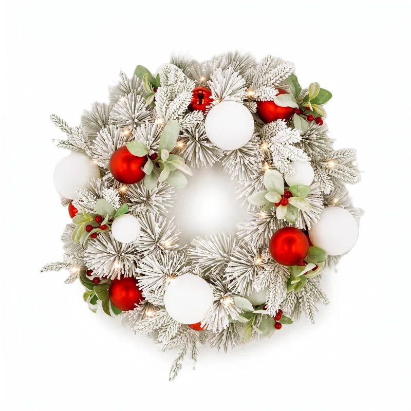 Christabelle 61cm Snowy Elegance Christmas Wreath Pre Lit Warm White LED Red Baubles Berries Front Door Xmas Decoration