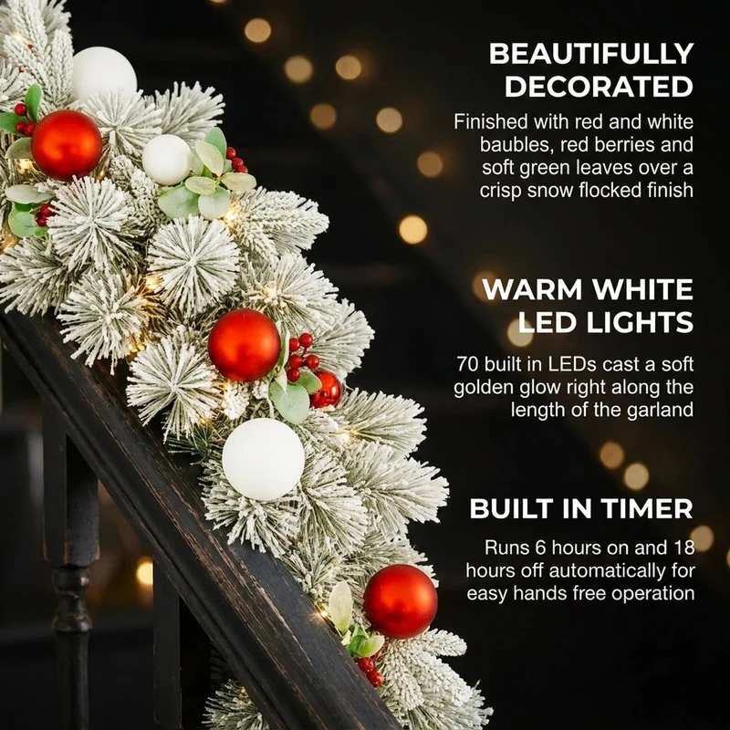 Christabelle 2.74m Snowy Elegance Christmas Garland Pre Lit Warm White LED Red Baubles Berries Flocked Mantel Banister