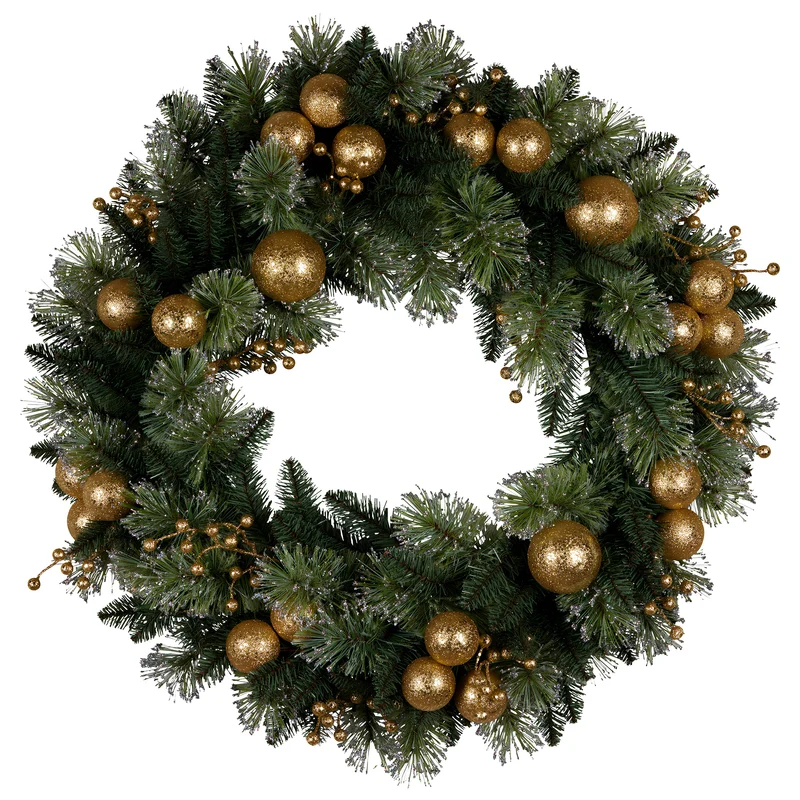 Christabelle 76cm Christmas Wreath Glittery with LED Lights Golden Baubles Front Door Decoration Ornament