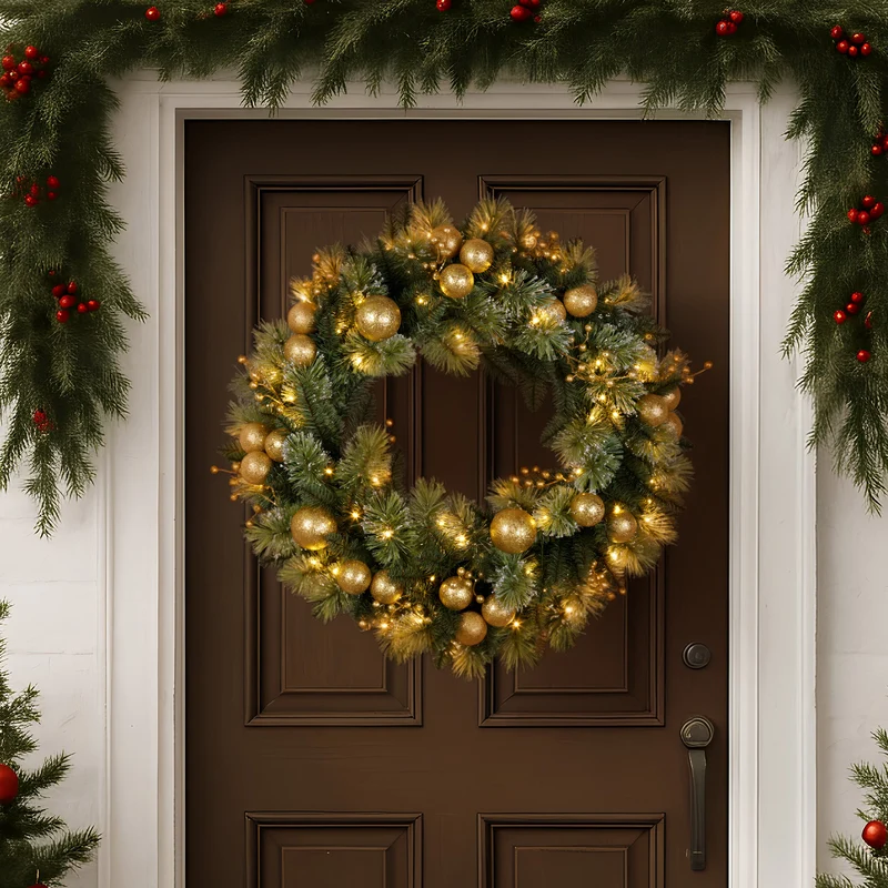 Christabelle 76cm Christmas Wreath Glittery with LED Lights Golden Baubles Front Door Decoration Ornament