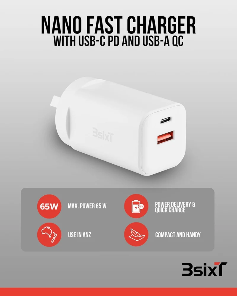 3sixT Wall Charger GaN 65W USB-C PD + 2.4A - W