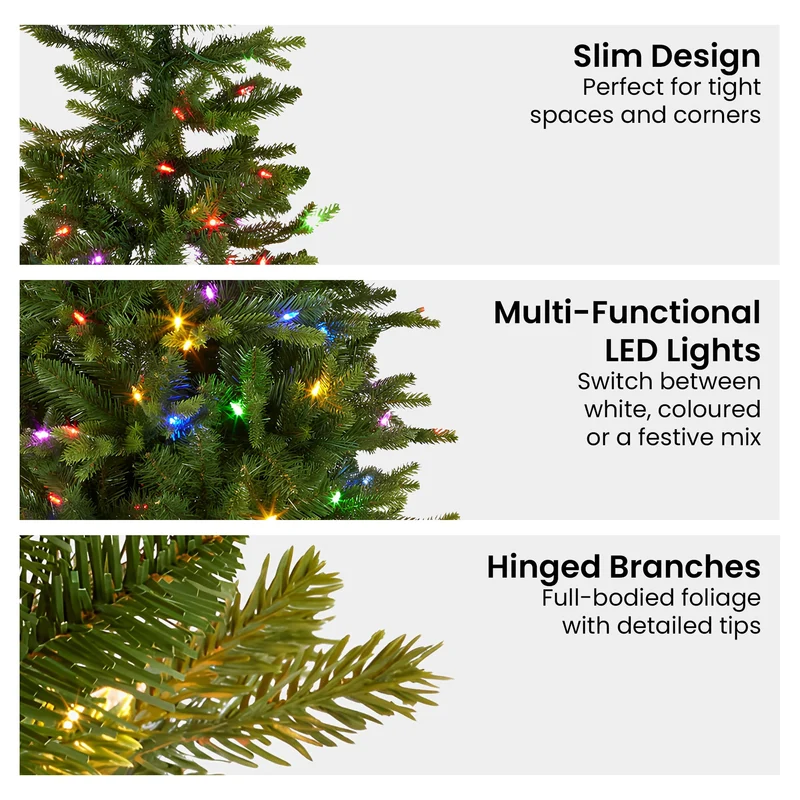 Christabelle 1.8m 6ft Slim Carrington Fir Christmas Tree Multi Functional White & Coloured LED Lights & Foot Pedal