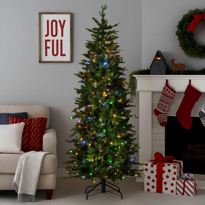 Christabelle 1.8m 6ft Slim Carrington Fir Christmas Tree Multi Functional White & Coloured LED Lights & Foot Pedal