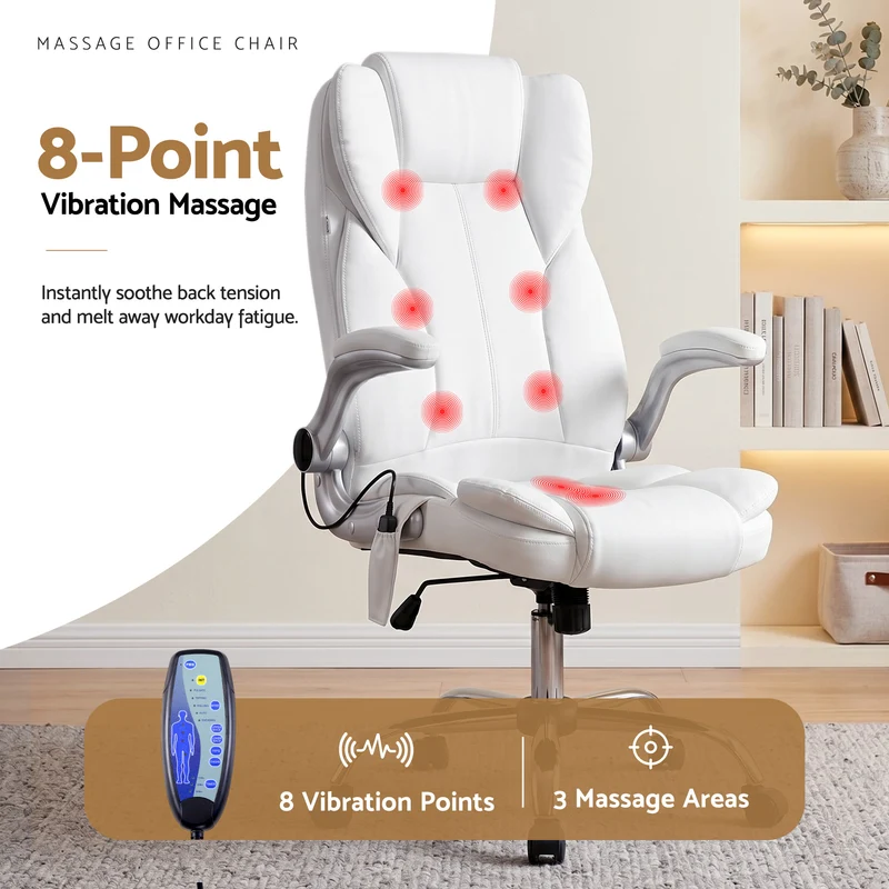 Artiss 8 Point Massage Office Chair PU Leather (White)