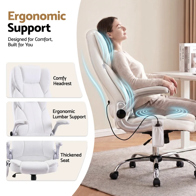 Artiss 8 Point Massage Office Chair PU Leather (White)