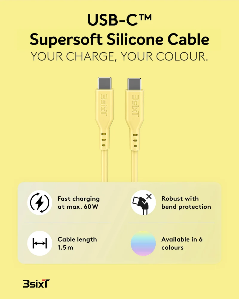 SPLASH USB-C Charging Cable by 3sixT Soft Silicone USB-C to USB-C Cable 1.5m 60W (Yellow)