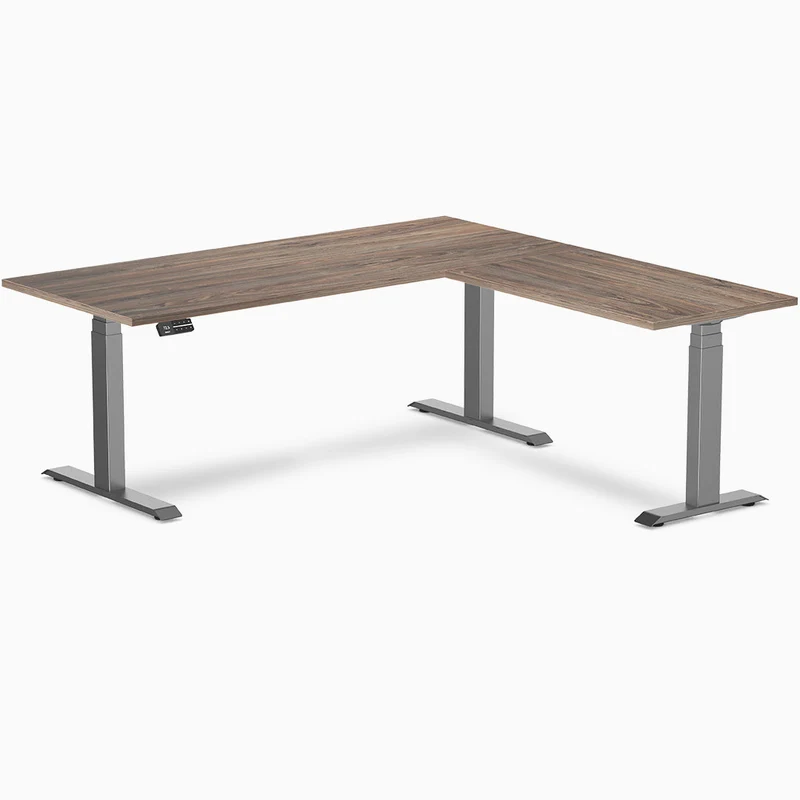 Desky Eco L-Shape Melamine Sit Stand Desk 180 x 175 cm Natural Walnut Top and Space Grey Leg