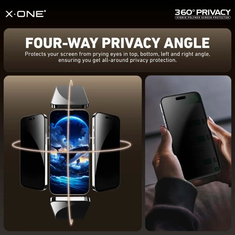 X.One [360 Privacy] Hybrid Polymer Impact Screen Protector iPh-16 Pro / 17 / 17 Pro [Privacy] - Clear