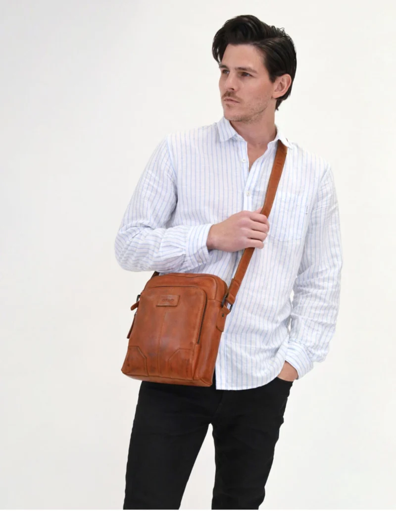 Pierre Cardin Men's Leather Rustic Shoulder Crossbody Bag 25x29cm Cognac