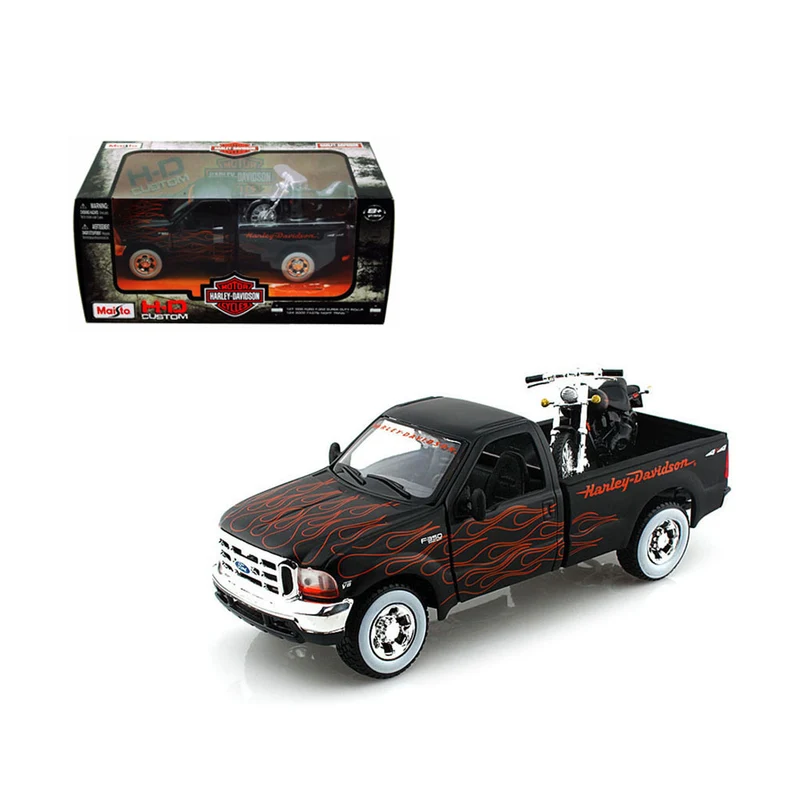 Maisto Licensed Harley Davidson Ford 1999 F350 Pick Up + 2002 FXSTB Night Train Diecast Model Car