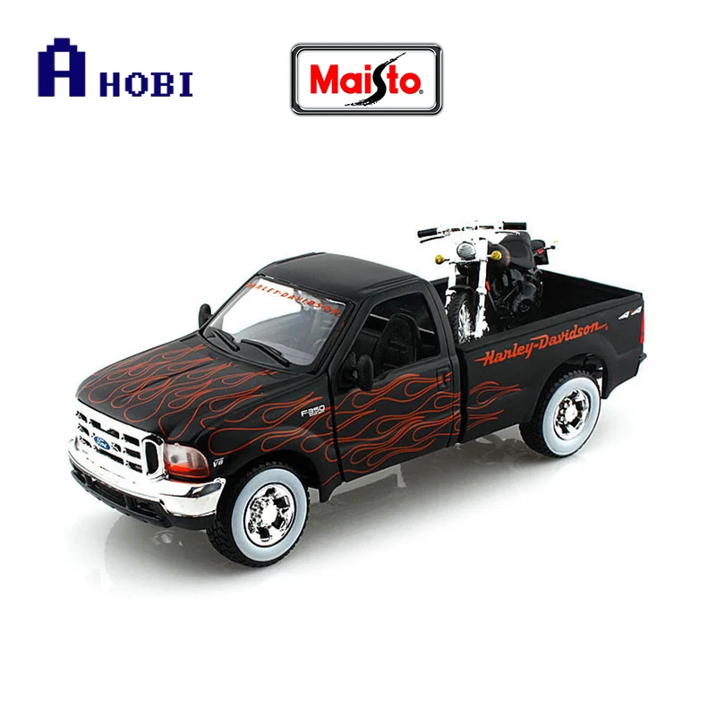 Maisto Licensed Harley Davidson Ford 1999 F350 Pick Up + 2002 FXSTB Night Train Diecast Model Car