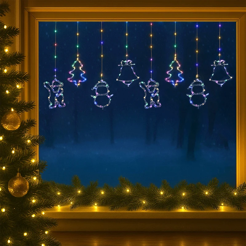Lexi Lighting Curtain light with santa, tree, bell and snowman