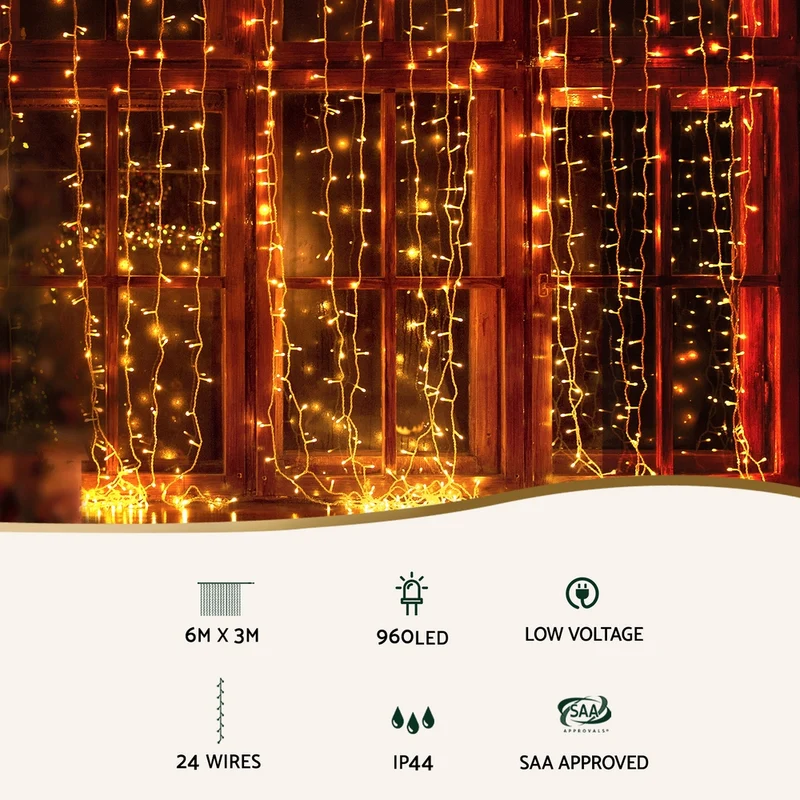 Jingle Jollys 6x3m Christmas Curtain Lights 960 LED RGB Remote Hanging Fairy Backdrop