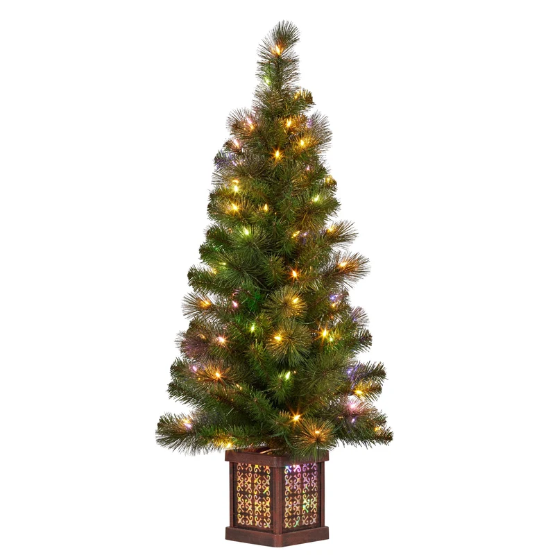 Christabelle 4ft Christmas Tree Glittery Gold Pine Foliage LED Multi Lights Xmas Decor