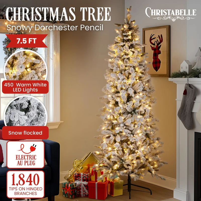 Christabelle Snowy Pencil Tree with White LEDs 7.5ft