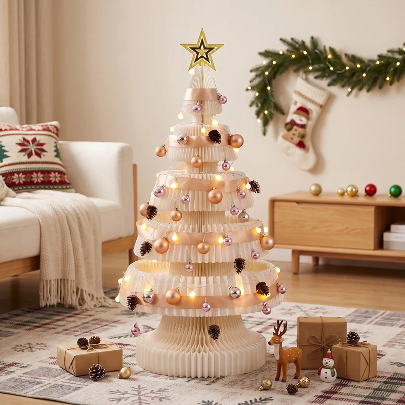 Jingle Jollys Paper Christmas Tree 114CM with Star Topper LEDs Xmas Decorations Kit Home Office White