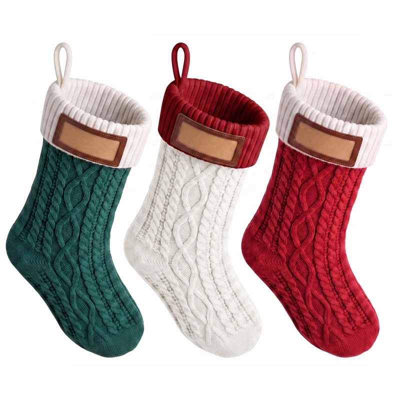 Jingle Jollys 3PCS Personalized Christmas Stockings with Leather Patches 16" Knitted Contrast Colour Xmas Hanging Decor