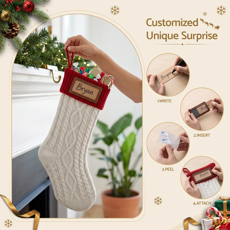 Jingle Jollys 3PCS Personalized Christmas Stockings with Leather Patches 16" Knitted Contrast Colour Xmas Hanging Decor