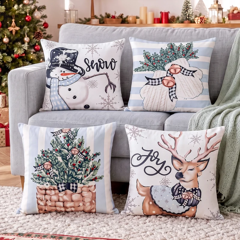 Jingle Jollys Christmas Cushion Covers Set of 4 Pillow Covers 45x45cm Blue