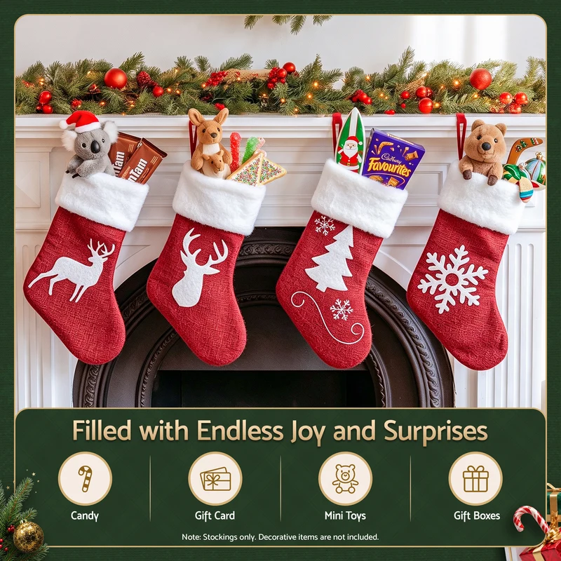 Jingle Jollys 4 Pack Large Velvet Christmas Stockings 46.5cm Red White Decor