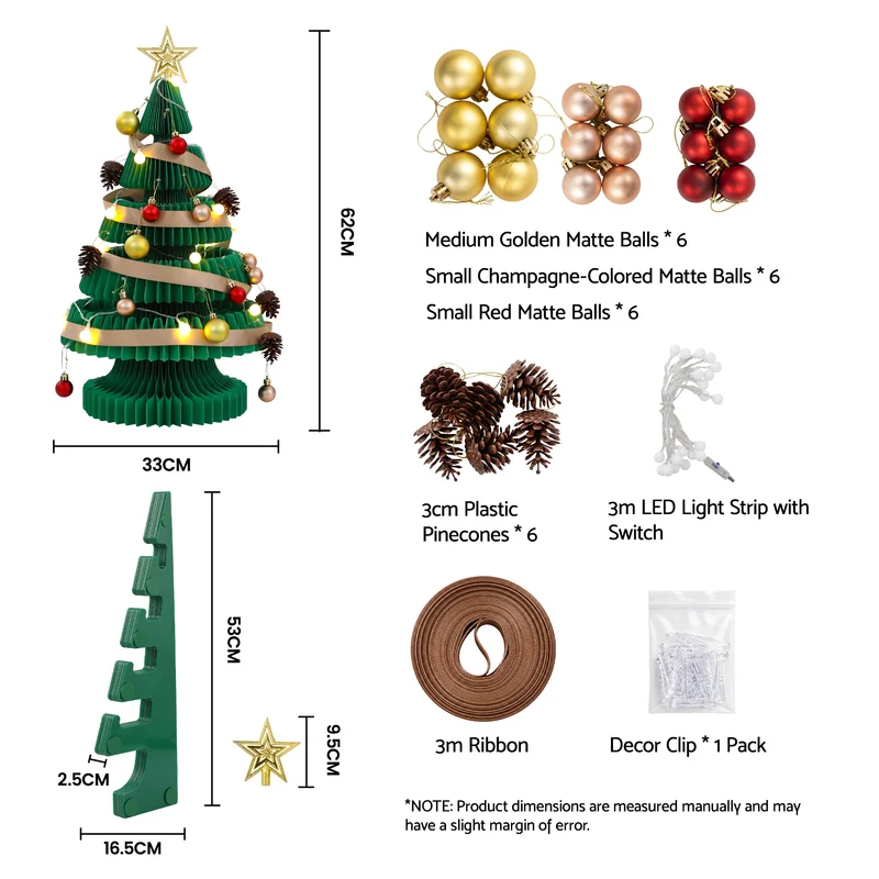 Jingle Jollys Paper Christmas Tree 62CM with Star Topper LEDs Xmas Decorations Kit Home Office Green