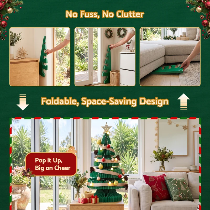 Jingle Jollys Paper Christmas Tree 62CM with Star Topper LEDs Xmas Decorations Kit Home Office Green