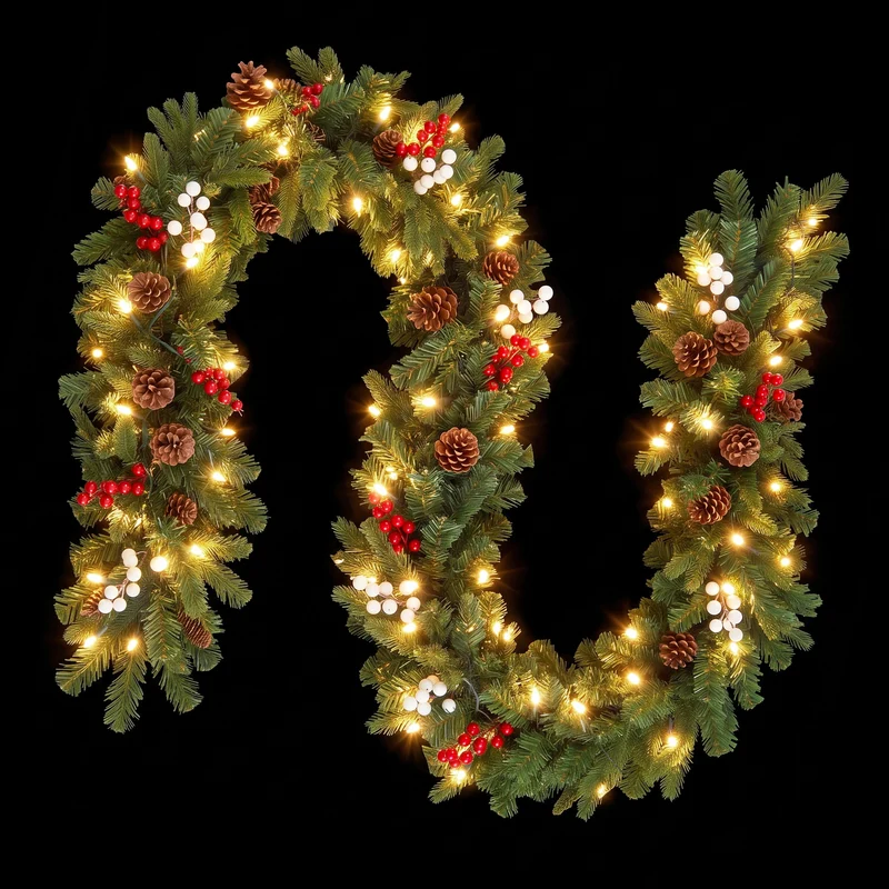 Jingle Jollys 1.8M Christmas Garland Pre-lit LED Pine Cones Berries Xmas Decor