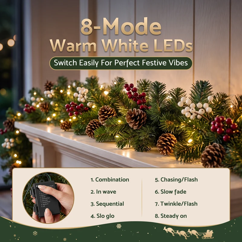 Jingle Jollys 1.8M Christmas Garland Pre-lit LED Pine Cones Berries Xmas Decor