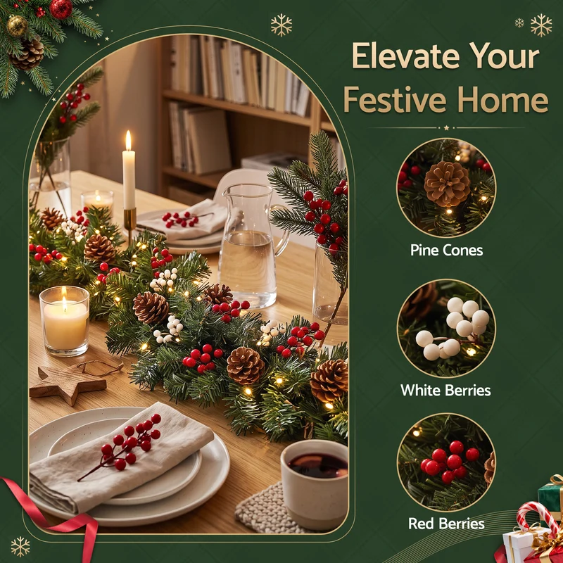 Jingle Jollys 1.8M Christmas Garland Pre-lit LED Pine Cones Berries Xmas Decor