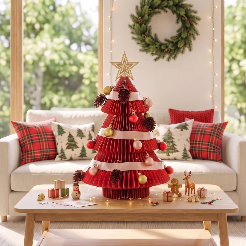 Jingle Jollys Paper Christmas Tree 47CM with Star Topper Xmas Decoration Tabletop Red DIY Ornament Set