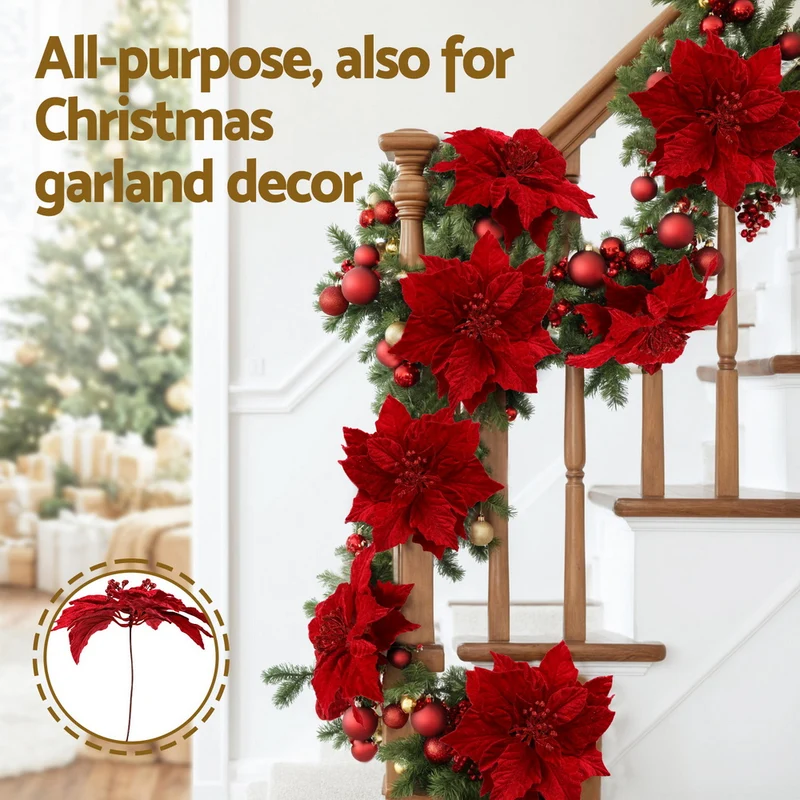 Jingle Jollys 14Pcs Christmas Tree Flowers Set Xmas Garland Wreath Ornaments Red