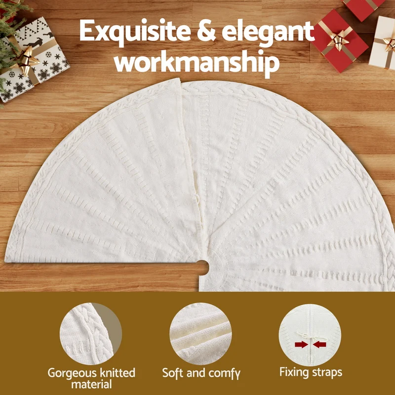 Jingle Jollys Christmas Tree Skirt 90cm Knitted Fabric Xmas Ornament Decor Beige