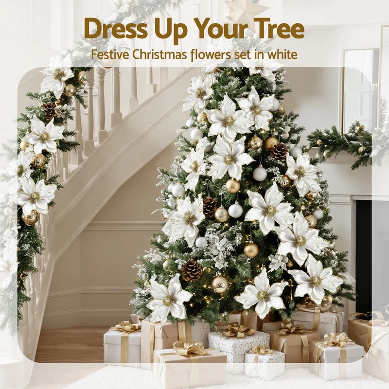 Jingle Jollys 14Pcs Christmas Tree Flower Set Garland Wreath Poinsettia White