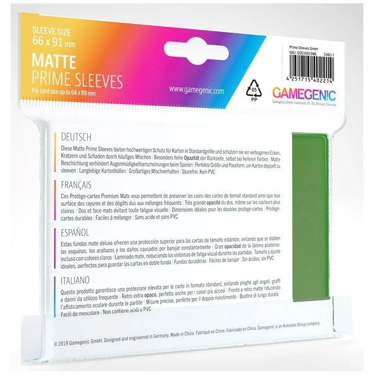 Gamegenic Matte Prime Card Sleeves 66mmx91mm 100 Sleeves Per Pack (Green)