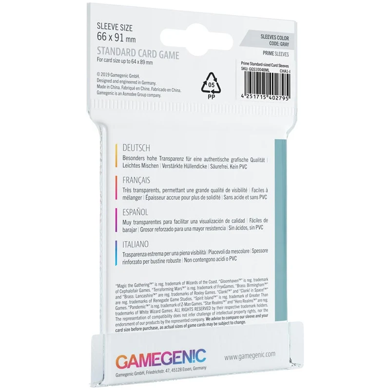 Gamegenic Prime Board Game Sleeves Standard Size 66mmx91mm 50 Sleeves (Gray)