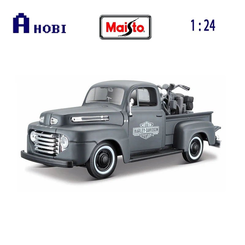 Maisto Licensed 1:24 Scale Harley-Davidson 1948 Ford F1 Pickup & 1942 WLA Flathead Model Car Grey
