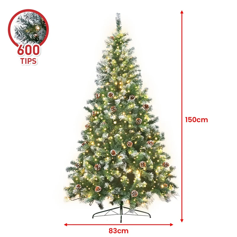 Christabelle 1.5m Pre-Lit LED Artificial Christmas Tree with Snow Tipped Needles Pine Cones Stand