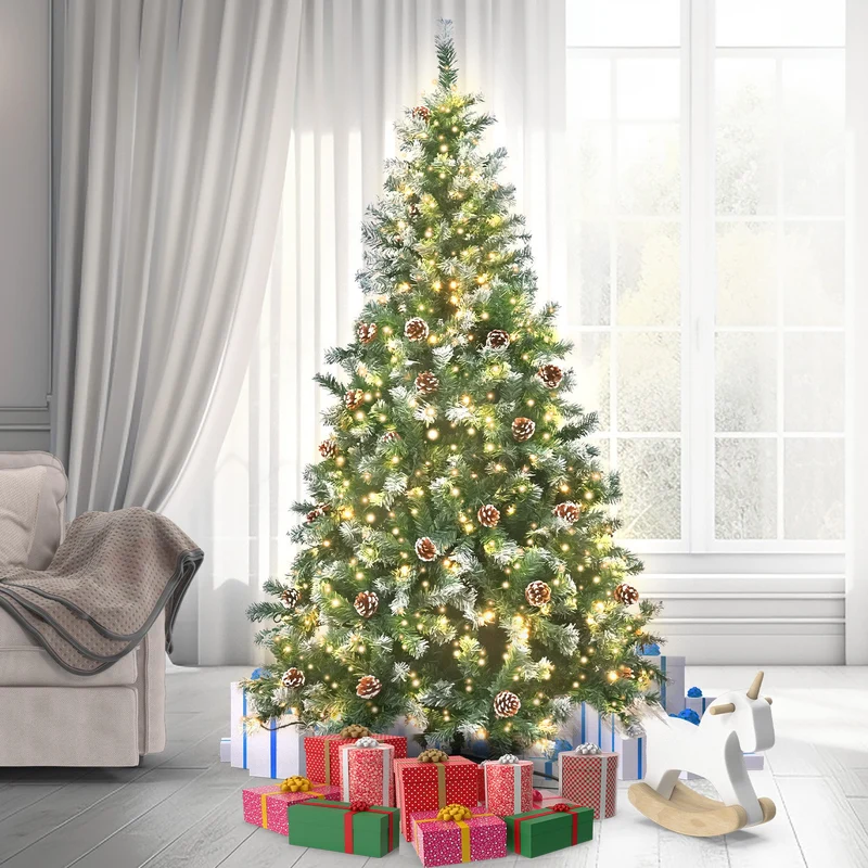 Christabelle 2.4m Pre-Lit LED Artificial Christmas Tree with Snow Tipped Needles Pine Cones Stand